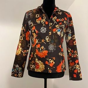 Chicos Floral Zip Jacket. Brown with Orange, Blue, and Tan Print. Size 0
